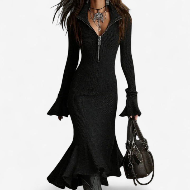 Wren | Women's Knit Sweater Dress with Zip Collar - Dark Grey - Image 4