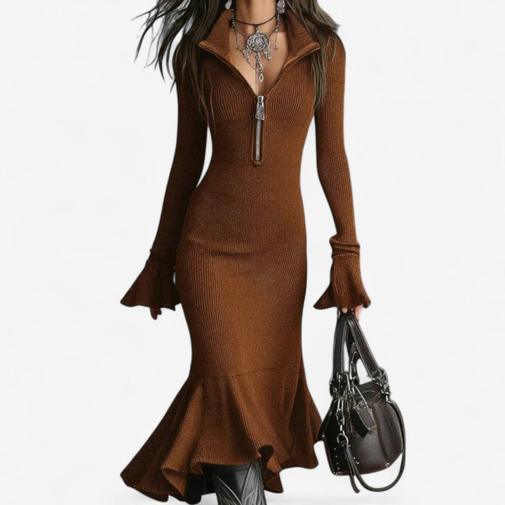 Wren | Women's Knit Sweater Dress with Zip Collar - Dark Grey - Image 6