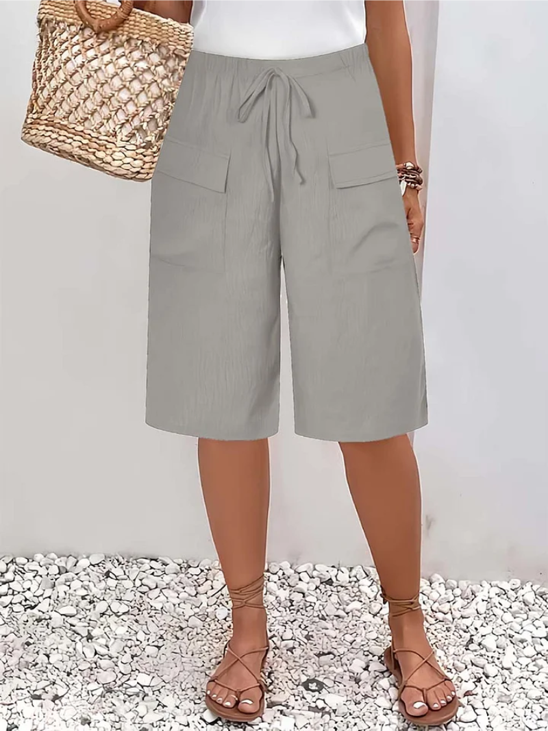 Wren | Women's Wide Leg Drawstring Bermuda Shorts - Light Grey - Image 1