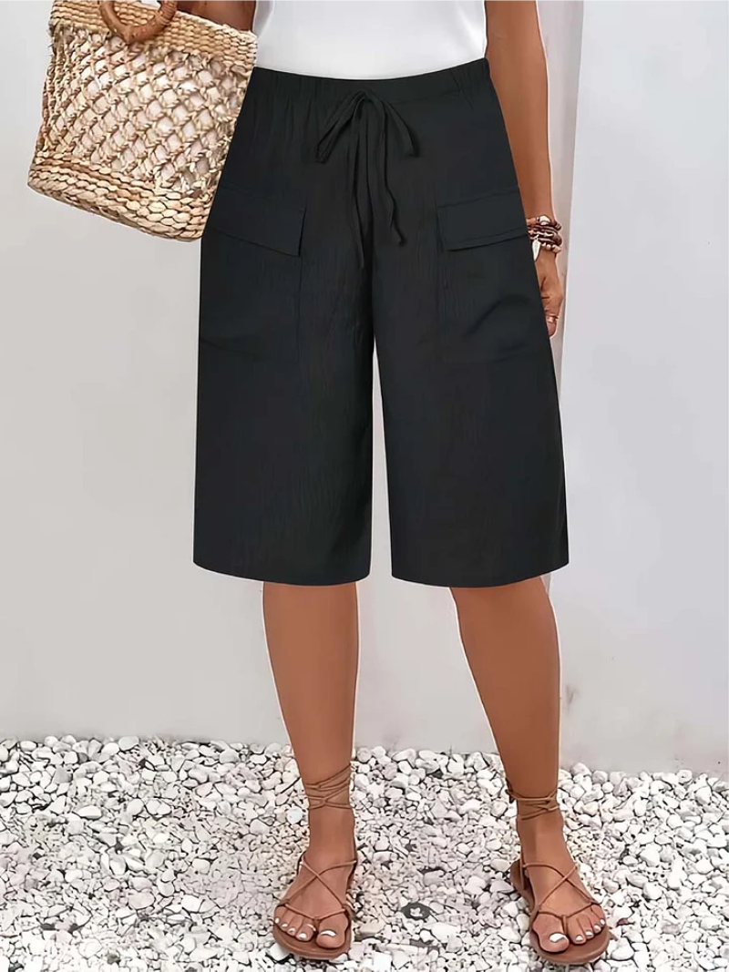 Wren | Women's Wide Leg Drawstring Bermuda Shorts - Light Grey - Image 2