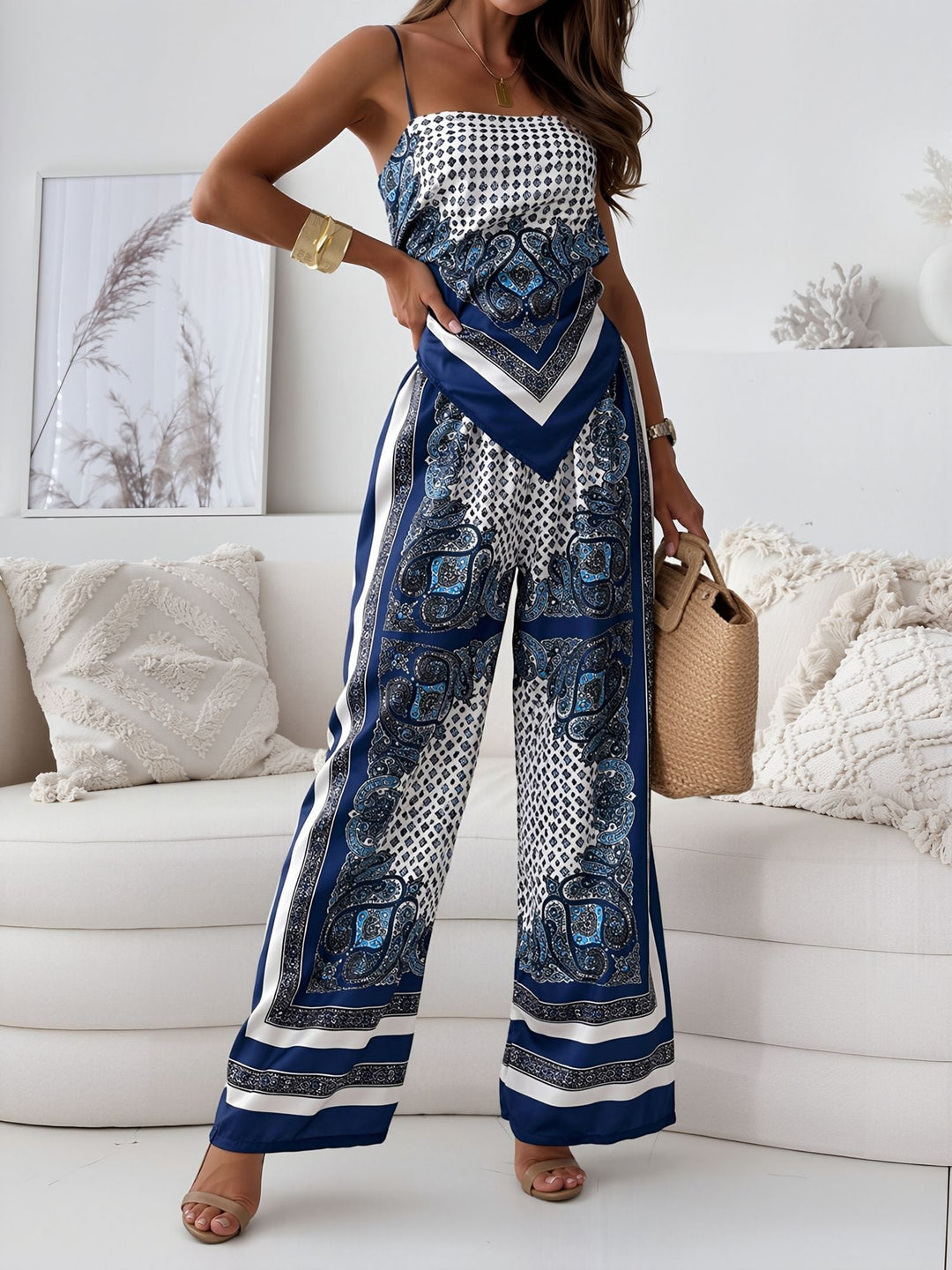 Ximena | Women's Paisley Print Spaghetti Strap Wide Leg Set - Image 1