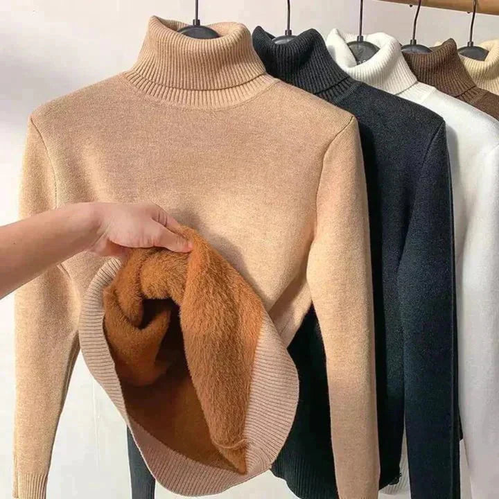 Zephyrine | Women's Fleece-Lined Turtleneck Sweater - Camel - Image 1