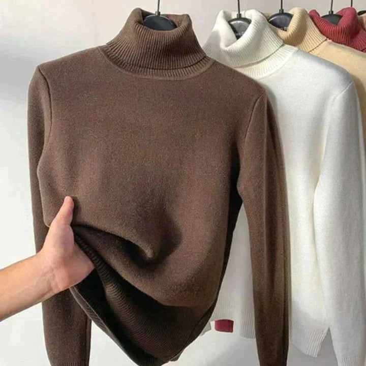 Zephyrine | Women's Fleece-Lined Turtleneck Sweater - Camel - Image 3