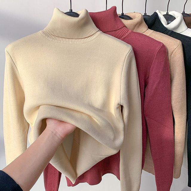 Zephyrine | Women's Fleece-Lined Turtleneck Sweater - Camel - Image 4