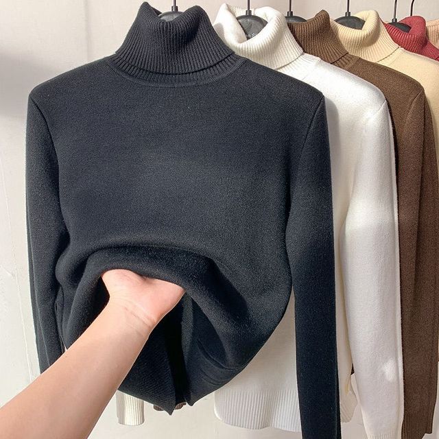 Zephyrine | Women's Fleece-Lined Turtleneck Sweater - Camel - Image 5