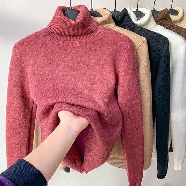 Zephyrine | Women's Fleece-Lined Turtleneck Sweater - Camel - Image 6