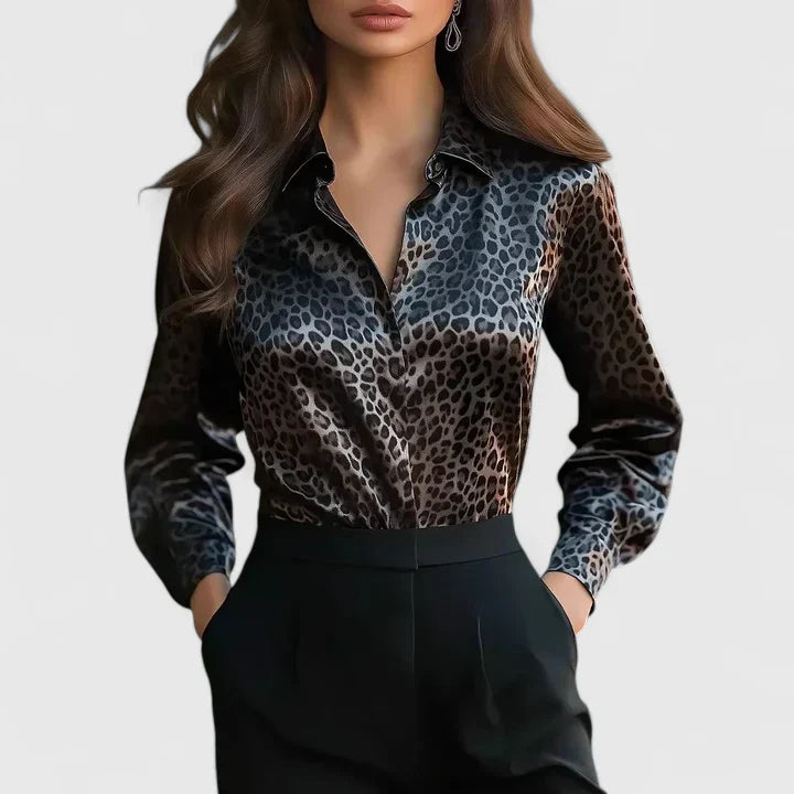 Zivonne | Women's Leopard Print Collared Long Sleeve Blouse - Leopard - Image 1
