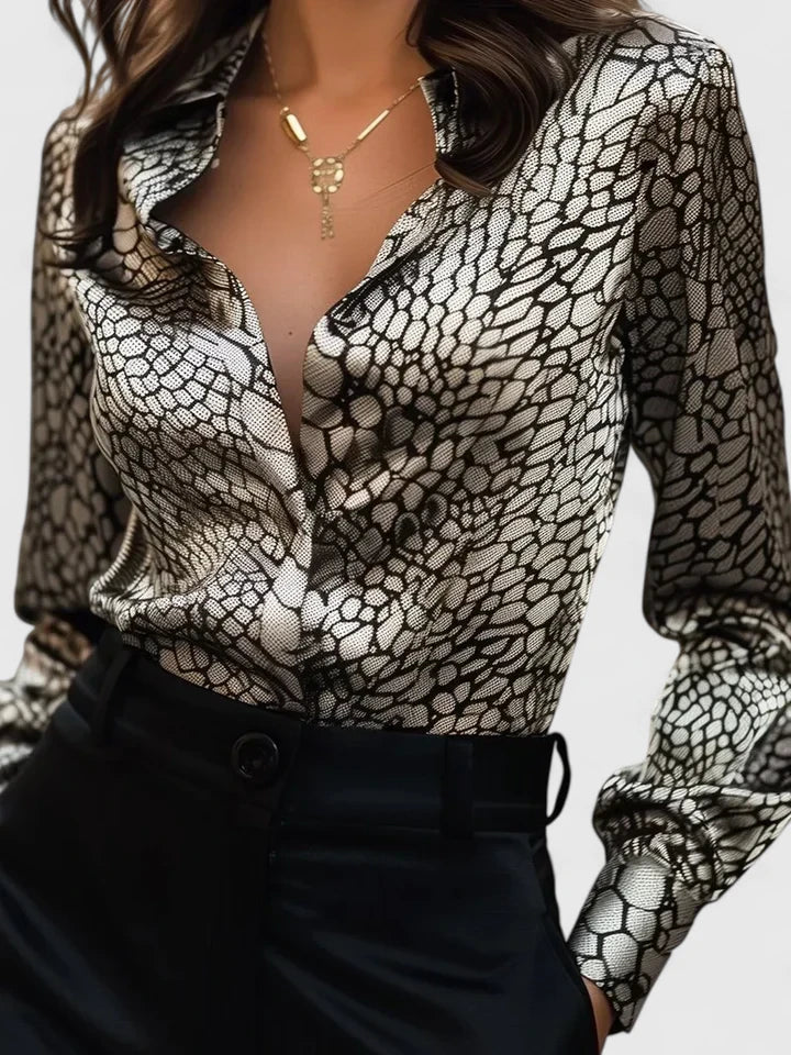 Zivonne | Women's Leopard Print Collared Long Sleeve Blouse - Leopard - Image 2