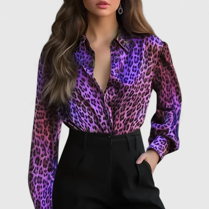 Zivonne | Women's Leopard Print Collared Long Sleeve Blouse - Leopard - Image 4