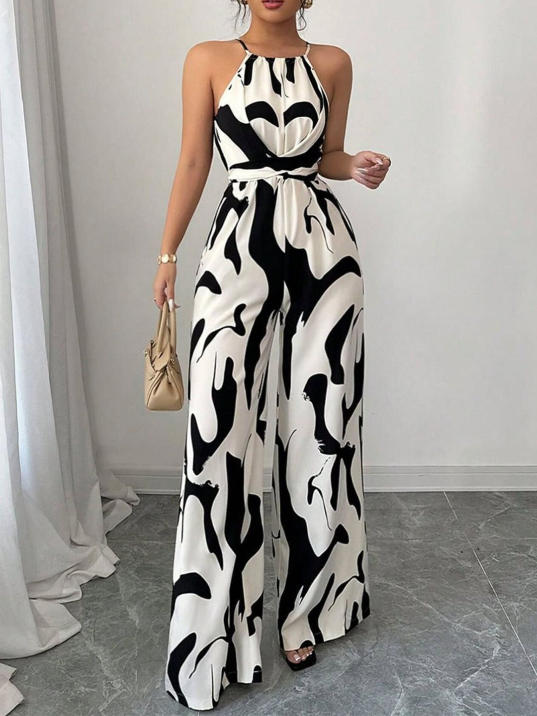 Zola | Women's Halter Neck Abstract Print Wide Leg Jumpsuit - Image 3